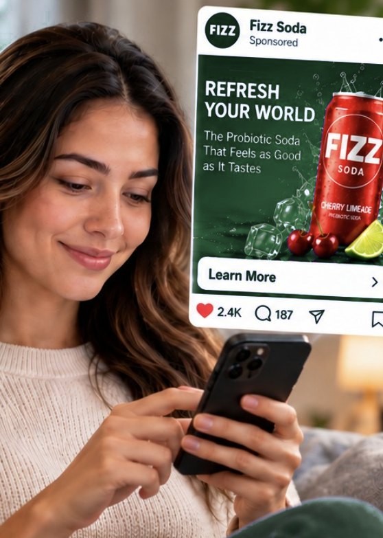 Woman smiling at a Fizz Soda ad on her phone