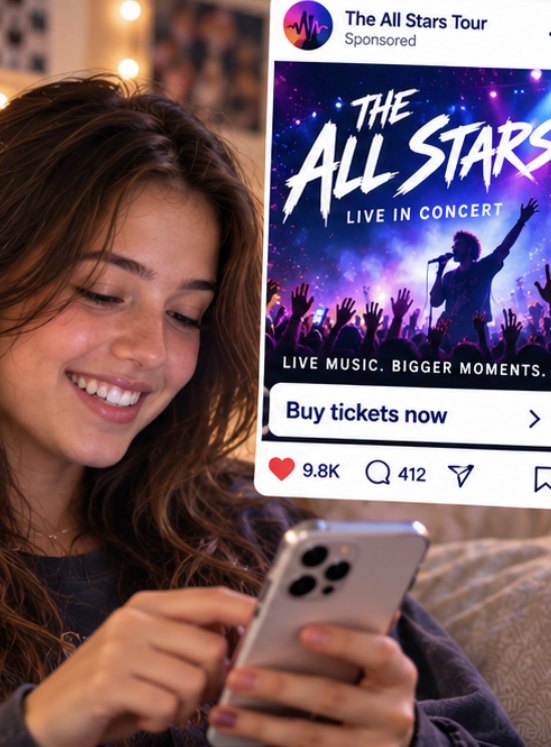 Woman smiling at a concert ad on her phone