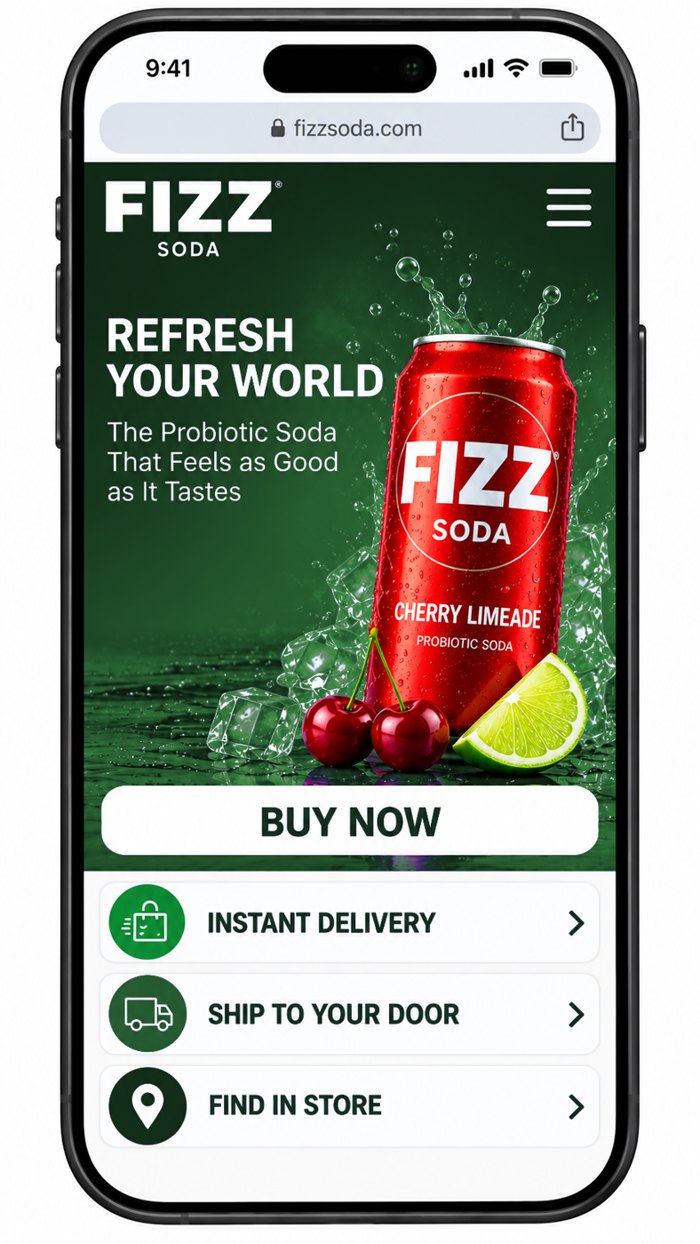 Fizz Soda landing page with instant delivery, ship to your door and find in store