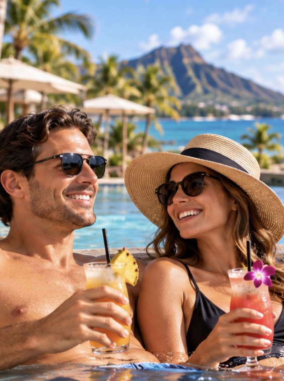 Couple relaxing at a resort pool
